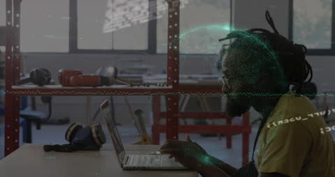3D Animation of Data Projection Over Man in Workshop with Laptop