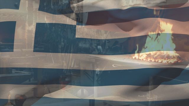 Greek flag semitransparent overlay against backdrop puts focus on traditional grilling within setting; themed occasions or festivities support Greek Independence Day narratives. Contents engage cultures and costumes international food spirit.