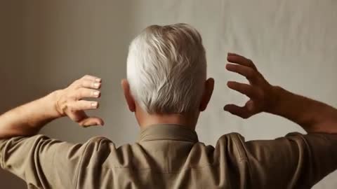 Elderly man turning head and stretching neck while adjusting shoulders on neutral backdrop