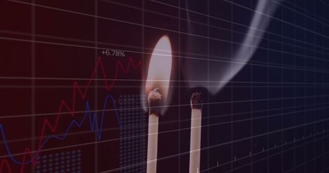 Burning match and financial data analysis concept