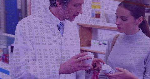 Pharmacist consulting customer reviewing prescription bottle label with digital overlay