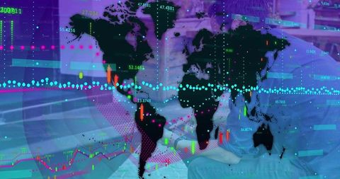Global finance trends with digital world map and data analytics