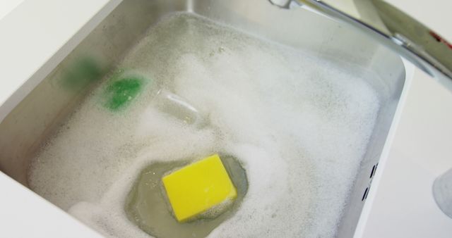 This visual represents a standard domestic scene with a kitchen sink filled with soapy water for washing dishes. The yellow sponge's presence indicates its role in maintaining cleanliness. Ideal for articles or ads related to household chores, cleaning supplies, and efficient home management tips.