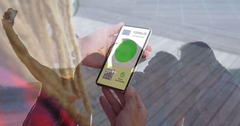 Covid-19 Vaccination App with Friends Enjoying Outdoor Freedom