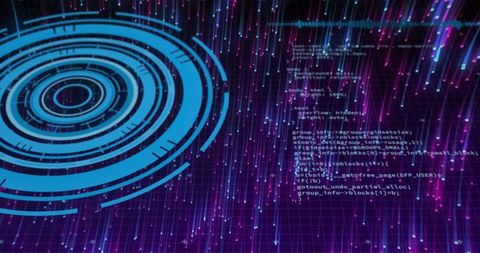 Cyan Radar HUD over Neon Grid with Code Stream Overlay for Cybersecurity Visualizations