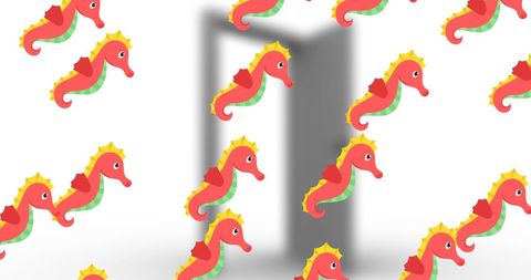 Colorful seahorses overlaying door silhouette