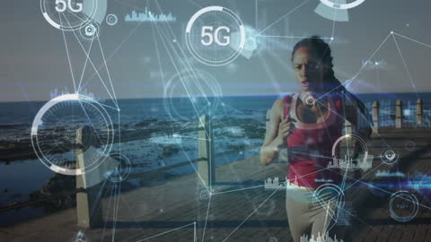 Digital Networking Collage with Running Woman and 5G Connections
