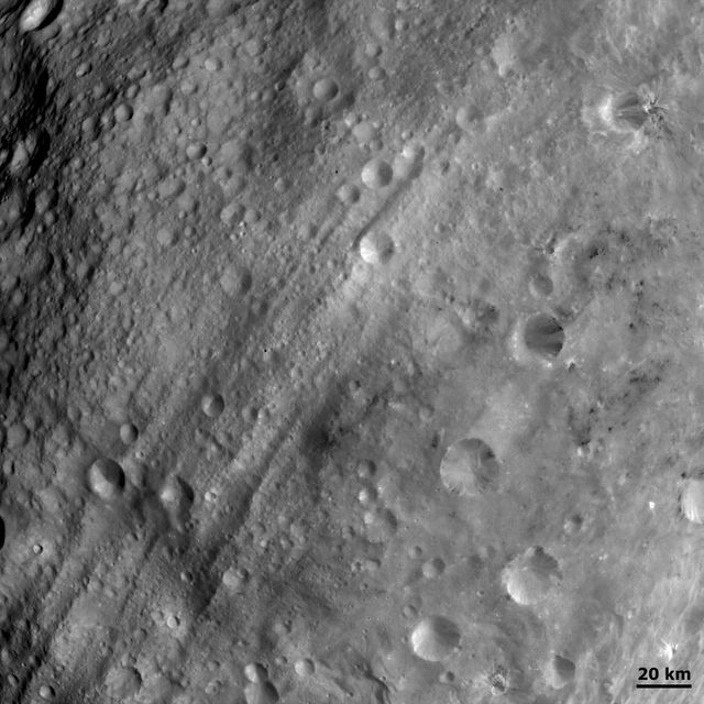 Equatorial troughs of asteroid Vesta are shown running obliquely across this image from NASA Dawn spacecraft. The troughs both overlie and are overlain by impact craters.