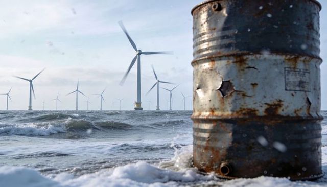 Rusted barrel sitting half-submerged at waterline with offshore wind turbines on horizon
