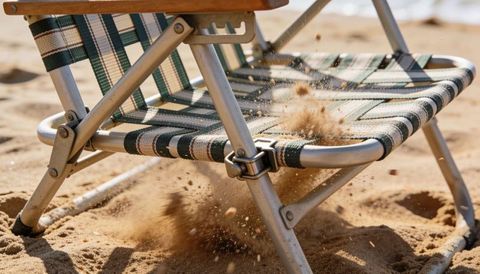 Wind kicking sand around folding beach chair hitting metal hinge at shoreline