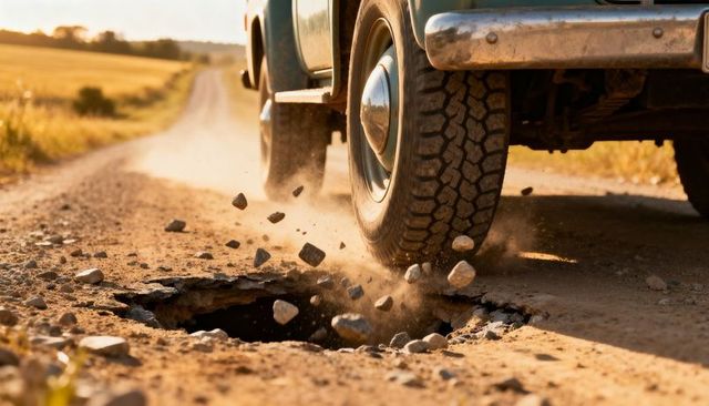 Truck wheel kicking up gravel and dust while hitting pothole on rural dirt road at sunset
