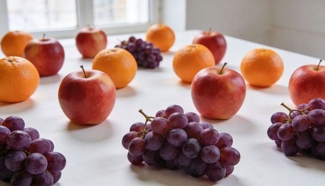 Sunlit arrangement of red apples, oranges and purple grape clusters on white tabletop