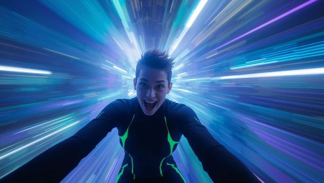 Thrilled athlete racing through neon speed tunnel holding action camera, motion blur