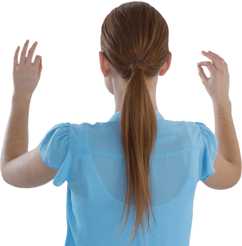 Businesswoman gesturing at transparent interface back view