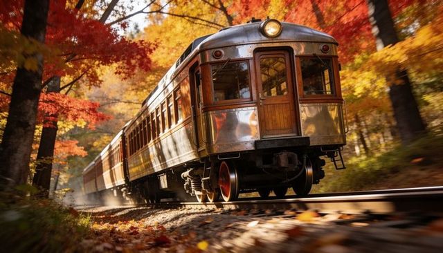Vintage Streamlined Railcar Rolling Through Sunlit Autumn Forest with Vibrant Fall Foliage