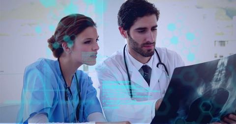 Medical Professionals Analyzing X-ray with Digital Interface Overlay