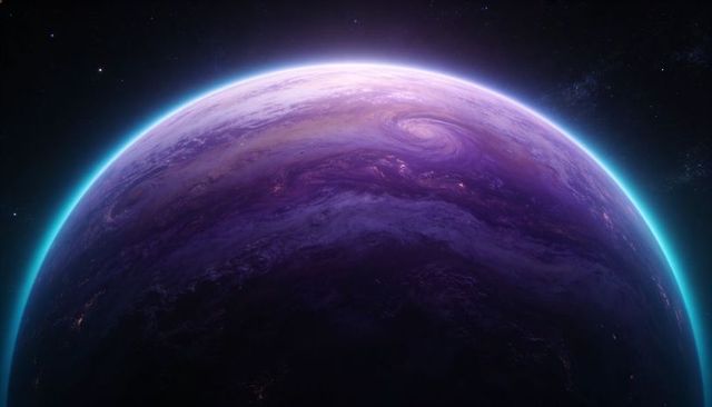 Purple Exoplanet with Cyan-Lit Terminator and Cyclonic Vortex Over Dark Hemisphere