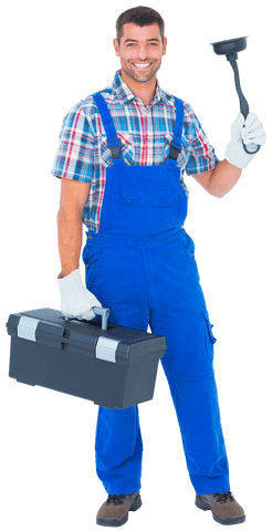 Transparent Smiling Plumber Holding Toolbox and Plunger