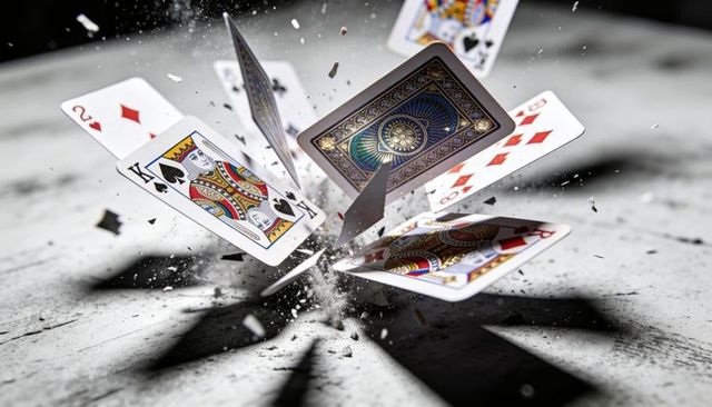 Exploding playing cards burst over cracked concrete with ornate backs and dust