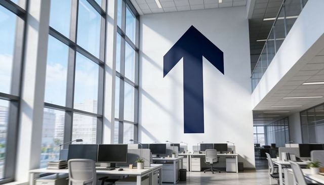 Upward arrow mural in bright open-plan office signaling growth, direction, and ambition