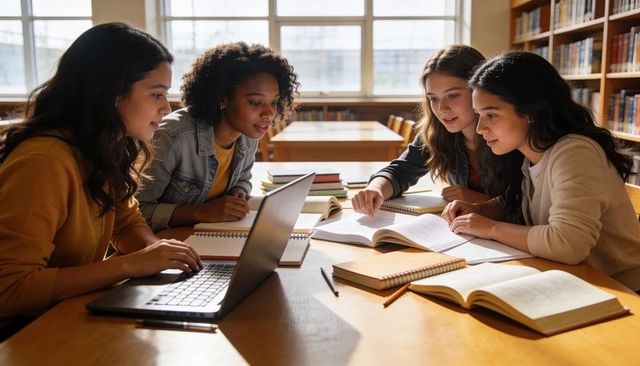 Female students collaborating on group study with laptop and textbooks in library