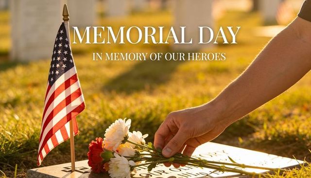 Memorial day tribute placing flowers and american flag at veteran grave during golden hour