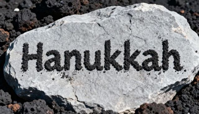Hanukkah spelled with black pebbles on pale stone among volcanic lava rocks