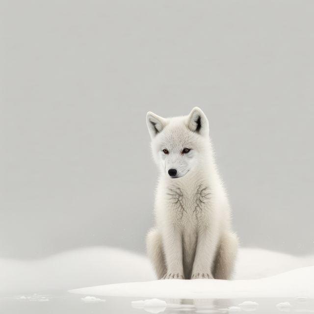 Young arctic fox pup sitting on snowy ground, an ideal image for nature and wildlife themes. Suitable for use in educational content discussing arctic animals, environmental preservation campaigns, or winter-themed designs.