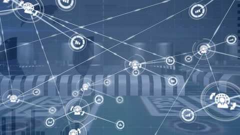 Network of Data Icons Over Virtual Servers and Circuit Board