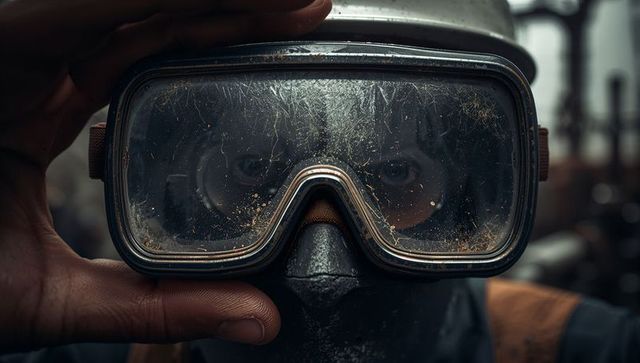 Worker adjusting scratched safety goggles in industrial environment