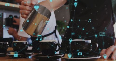 Barista crafting cappuccinos with digital network overlay