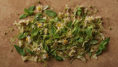 Chamomile and mint flatlay creating rustic still life on warm brown surface