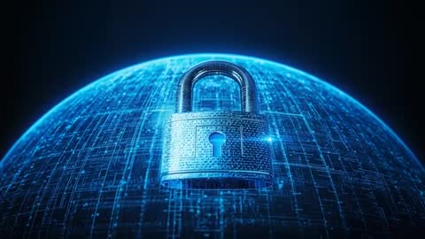 Animated Glowing Padlock Rising Over Digital Globe Representing Global Cybersecurity