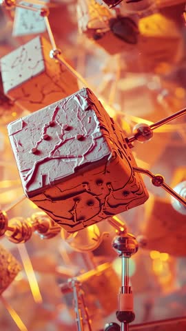 Textured Cube Rotating in Amber Network with Pulsing Light Orbs, Futuristic Vertical Loop