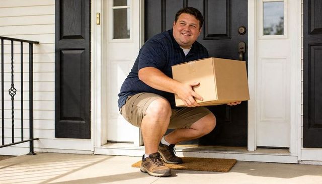 Delivery worker crouching on porch holding package, smiling at home entrance
