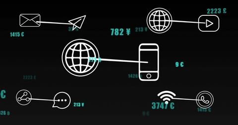 Minimal tech dashboard showing smartphone linked to globe with teal icons and data metrics