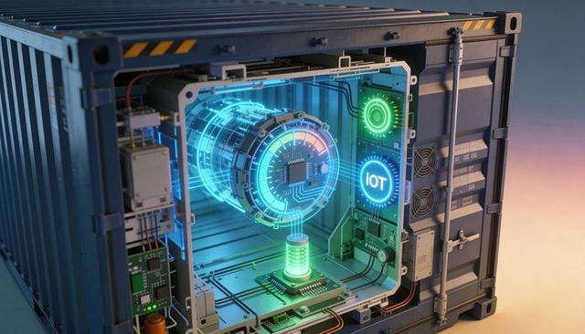 Holographic iot core hovering above circuit pedestal in modular edge computing container