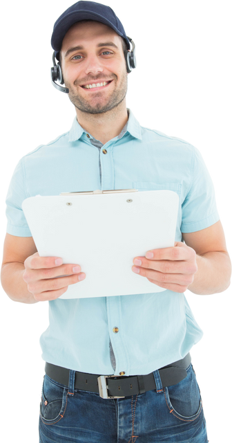 Transparent portrait of happy male courier holding clipboard with headset - Download Free Stock Videos Pikwizard.com