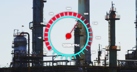 Animated Speedometer Overlay on Industrial Refinery View