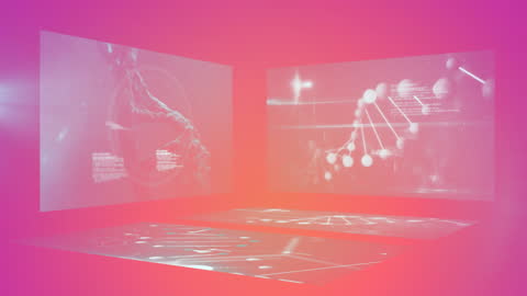 Digital Science Screens with DNA Visualization on Pink Background