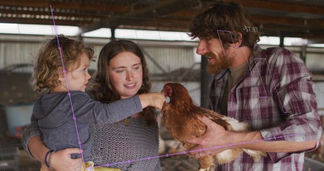Image of financial data processing over caucasian family holding chicken. Global finances, ecology and digital interface concept digitally generated image.