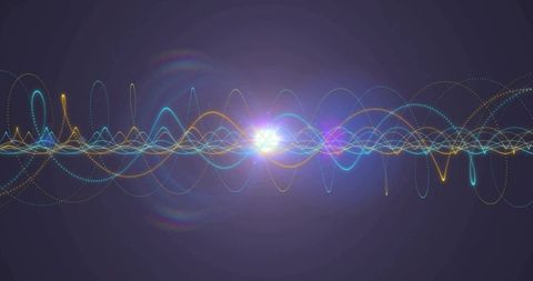 Colorful neural waveforms pulsing across violet gradient with lens flare