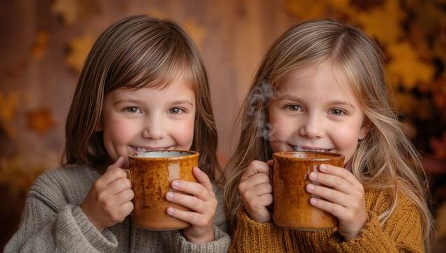 Smiling girls holding steaming mugs in cozy autumn sweaters, warm fall morning scene