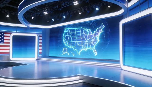 Futuristic broadcast studio with glowing led us map, circular lighting rig and blue backdrop