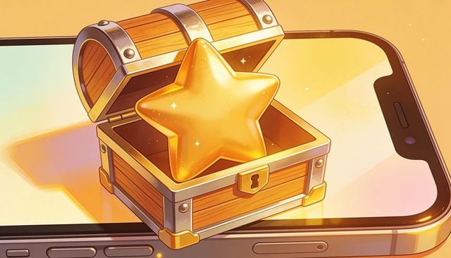 Mobile reward chest revealing glowing gold star for app achievements and gamification