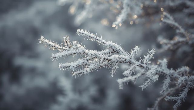 Glittering conifer branch displaying hoarfrost, frozen droplets and delicate ice crystals