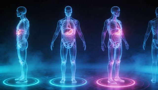 Displaying glowing anatomical holograms on neon rings highlighting internal organs