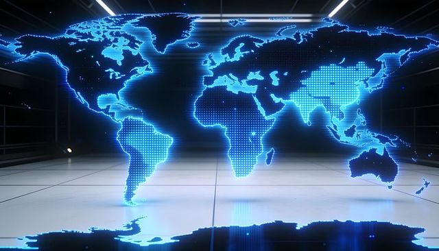Holographic neon-blue world map projected on reflective lab floor for global tech