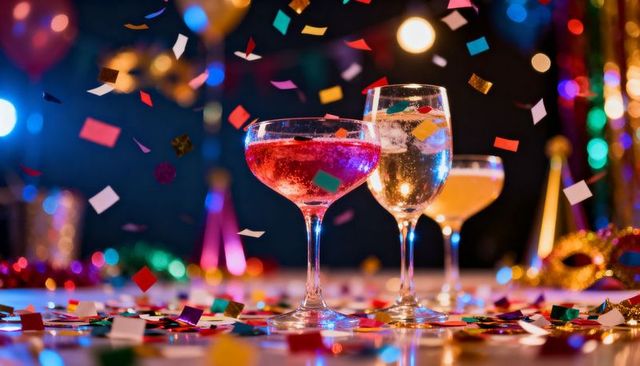 Clinking cocktail glasses with confetti and mask celebrating festive night out with bokeh glow