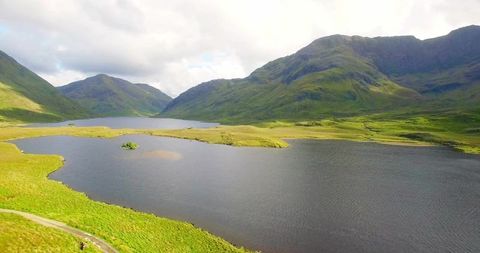 Remote highland lake with grassy islet and winding shoreline amid rugged mountains